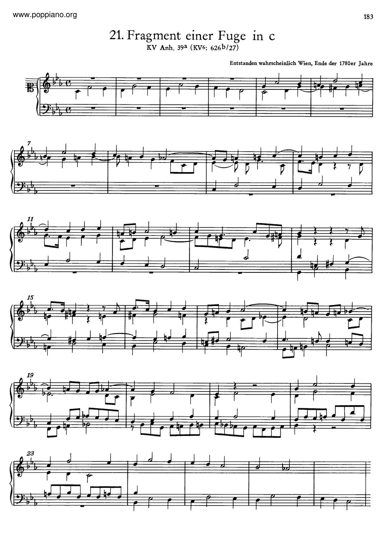 Fugue In C Minor, K. Anh. 39A/626B Score