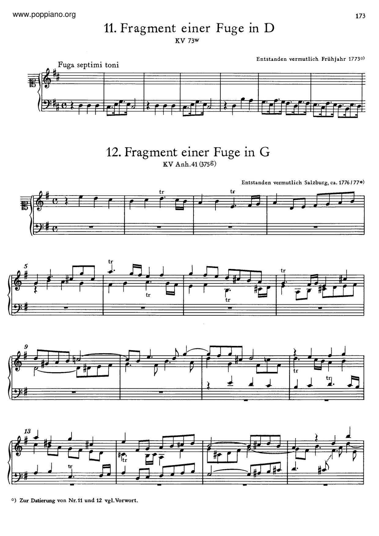 Fugue In D Major, K. 73W Score