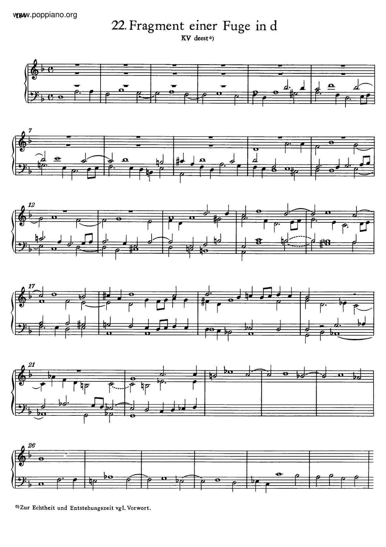 Fugue In D Minor, K. Deest Score