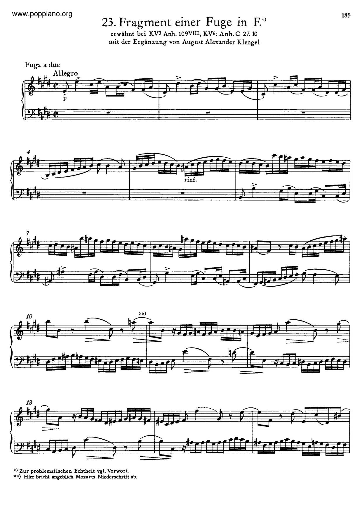 Fugue In E Major, K. Anh. C 27.10ピアノ譜