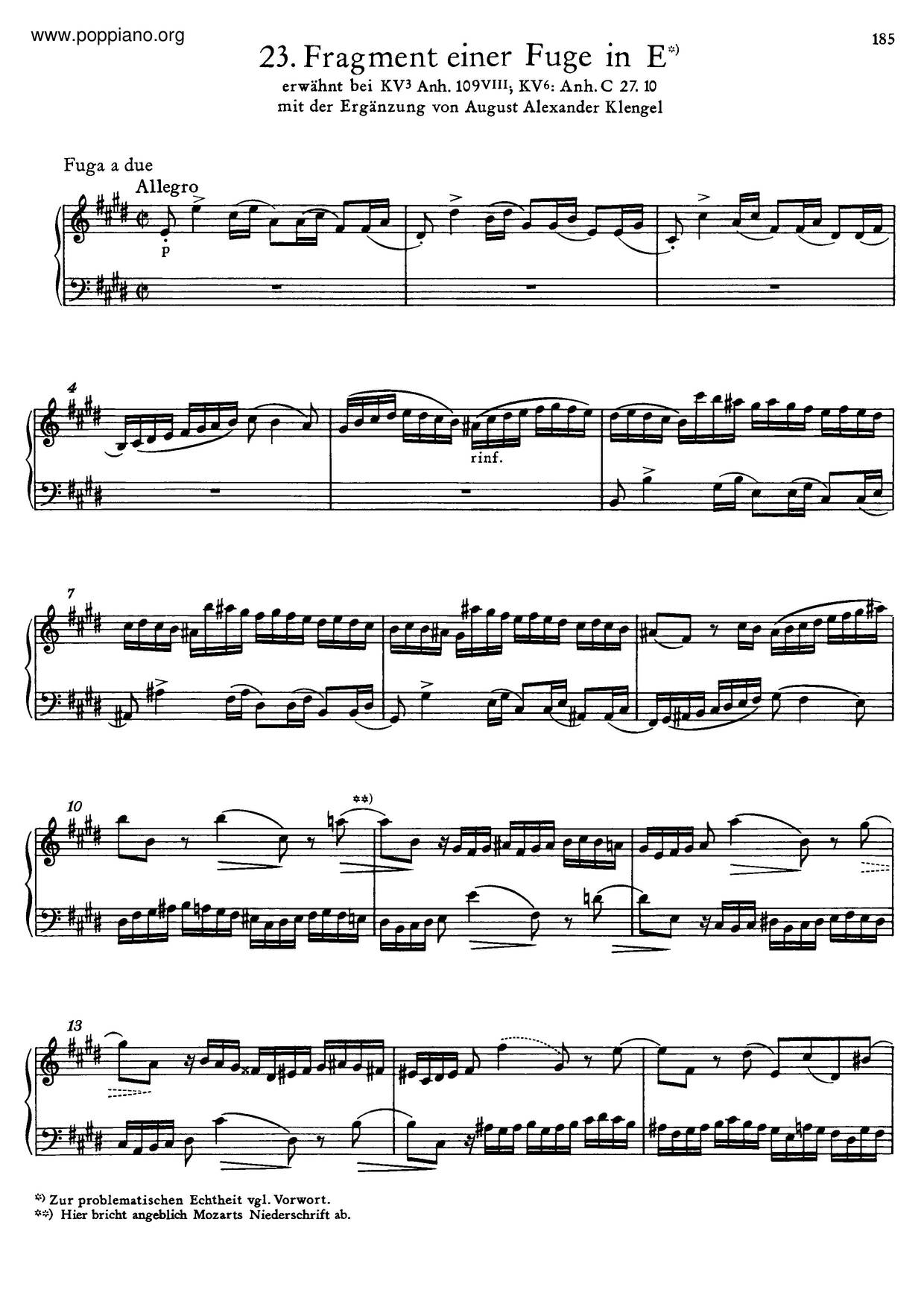 Fugue In E Major, K. Anh. C 27.10 Score