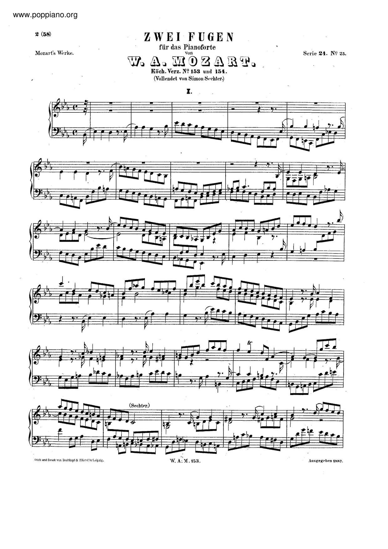 Fugue In E-Flat Major, K. 153/375F Score