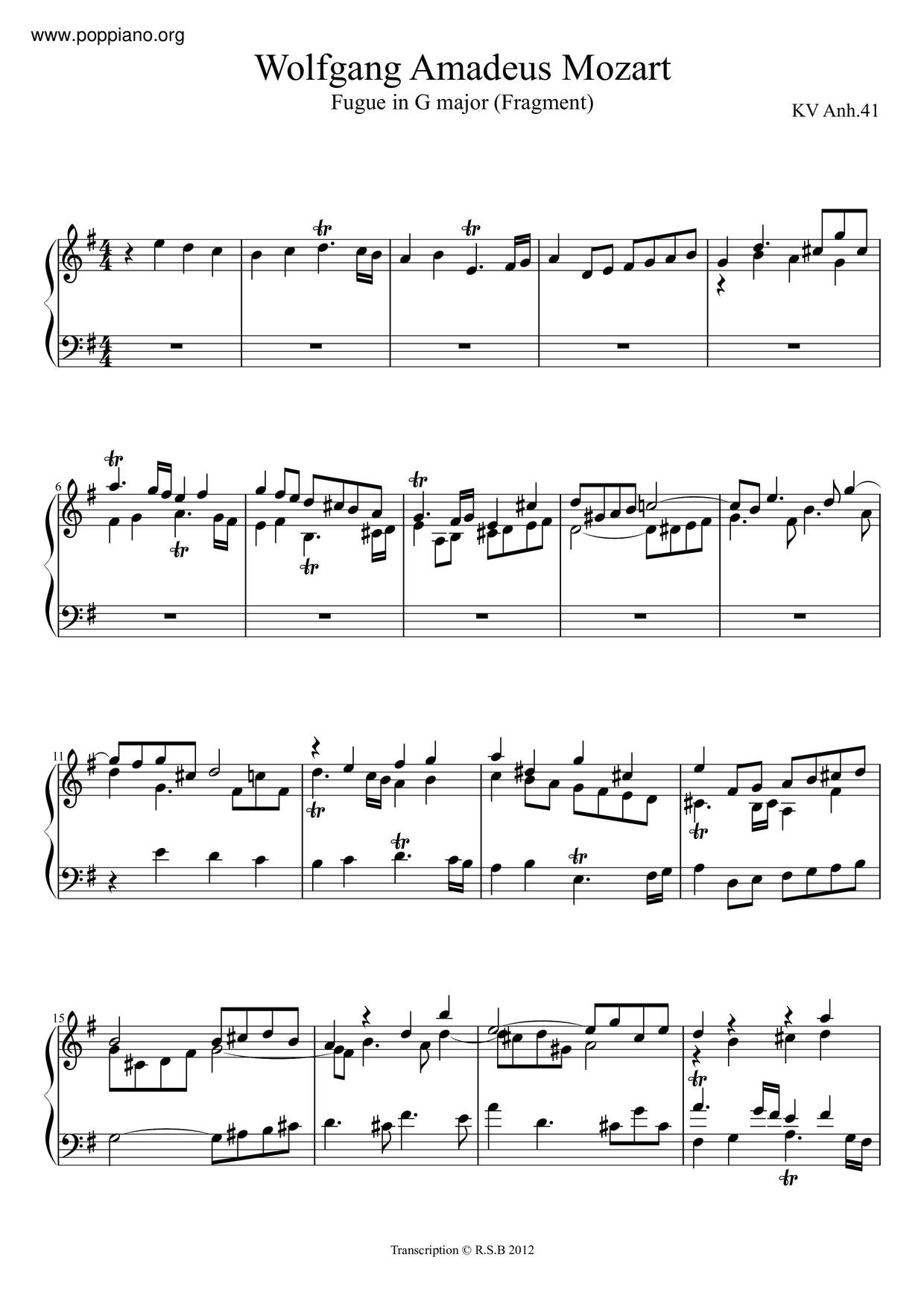 Fugue In G Major, K. Anh. 41/375G琴譜