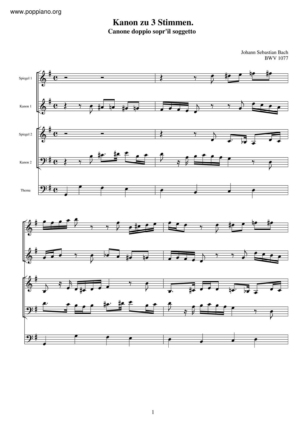 Canon In G Major, BWV 1077琴譜