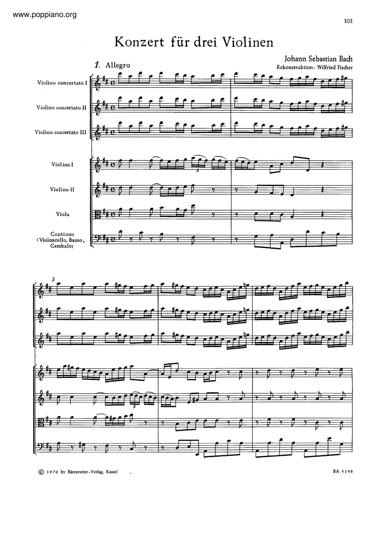Concerto For 3 Violins In D Major, BWV 1064Rピアノ譜