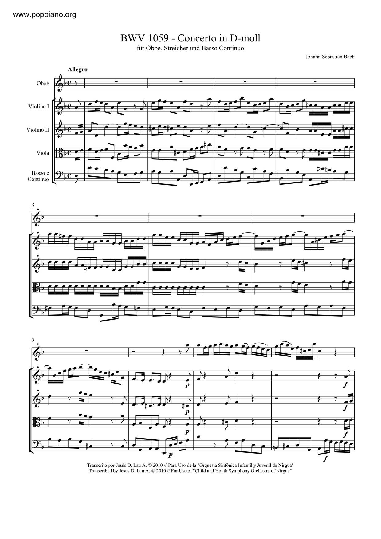Oboe Concerto In D Minor, BWV 1059Rピアノ譜