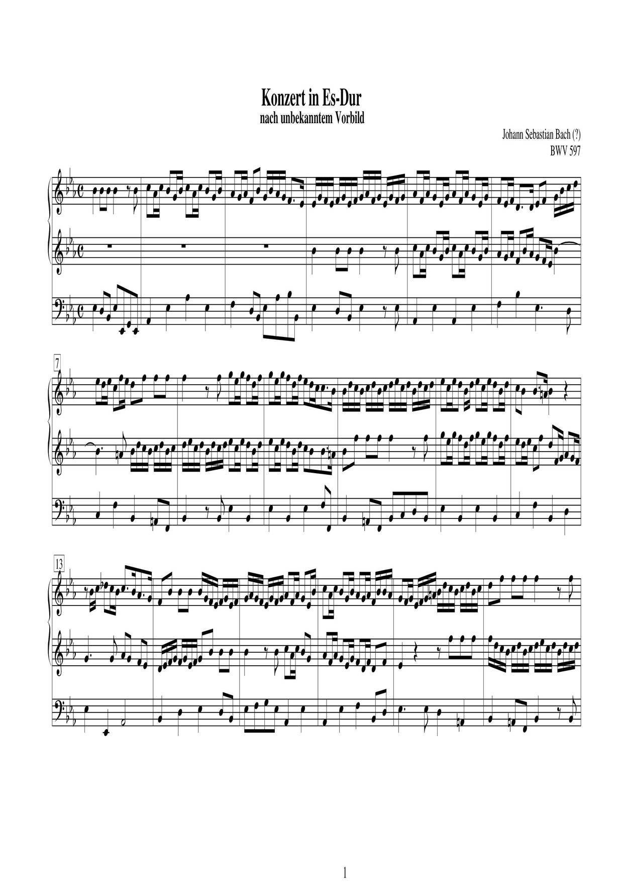 Organ Concerto In E-Flat Major, BWV 597 Score