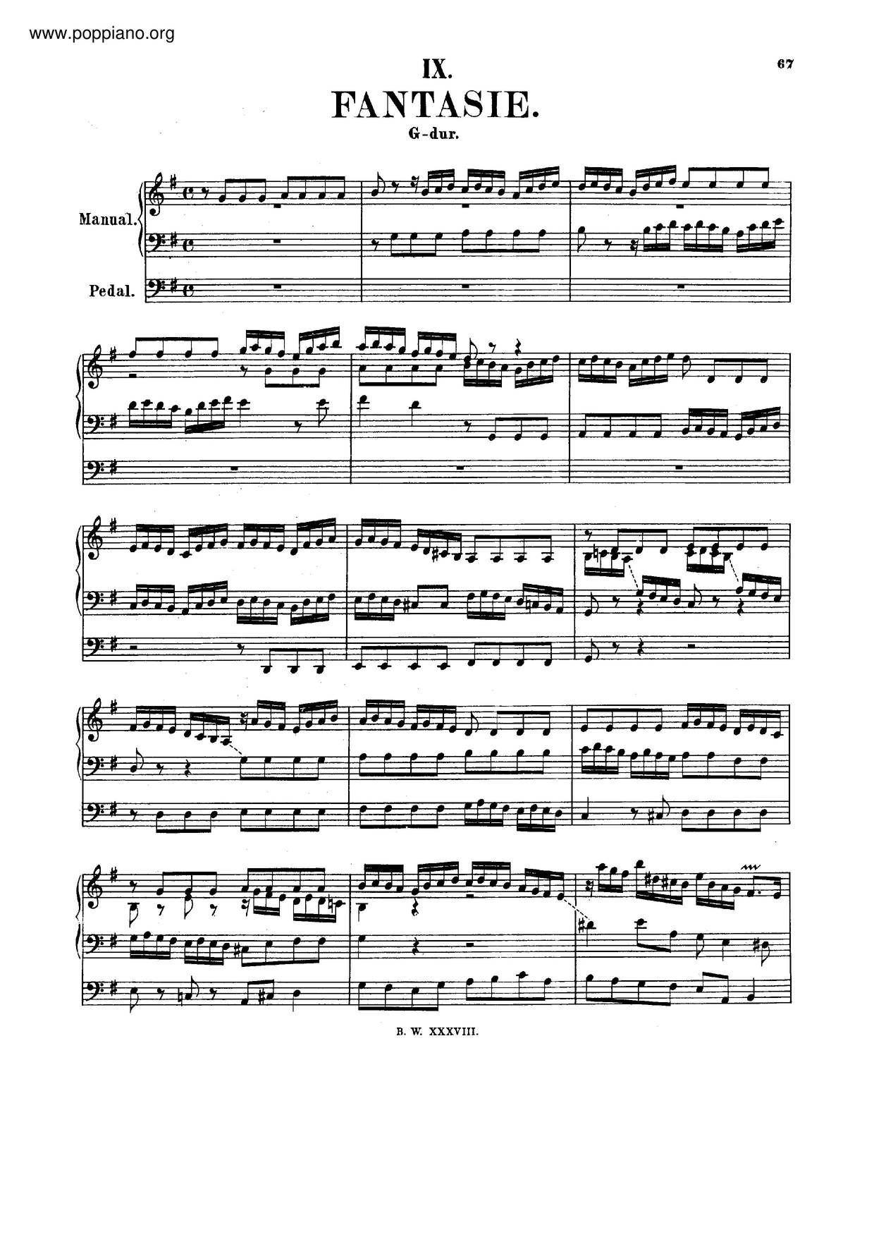 Fantasia In G Major, BWV 571 Score