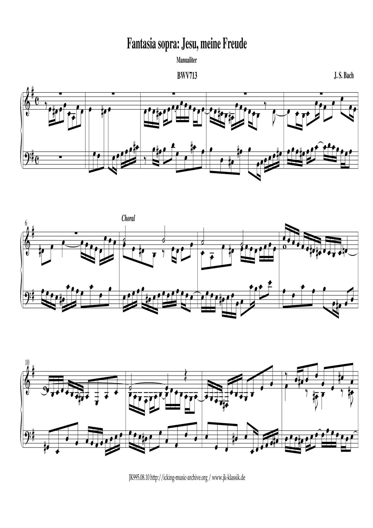 Fantasia Super 'Jesu, Meine Freude', BWV 713 Score