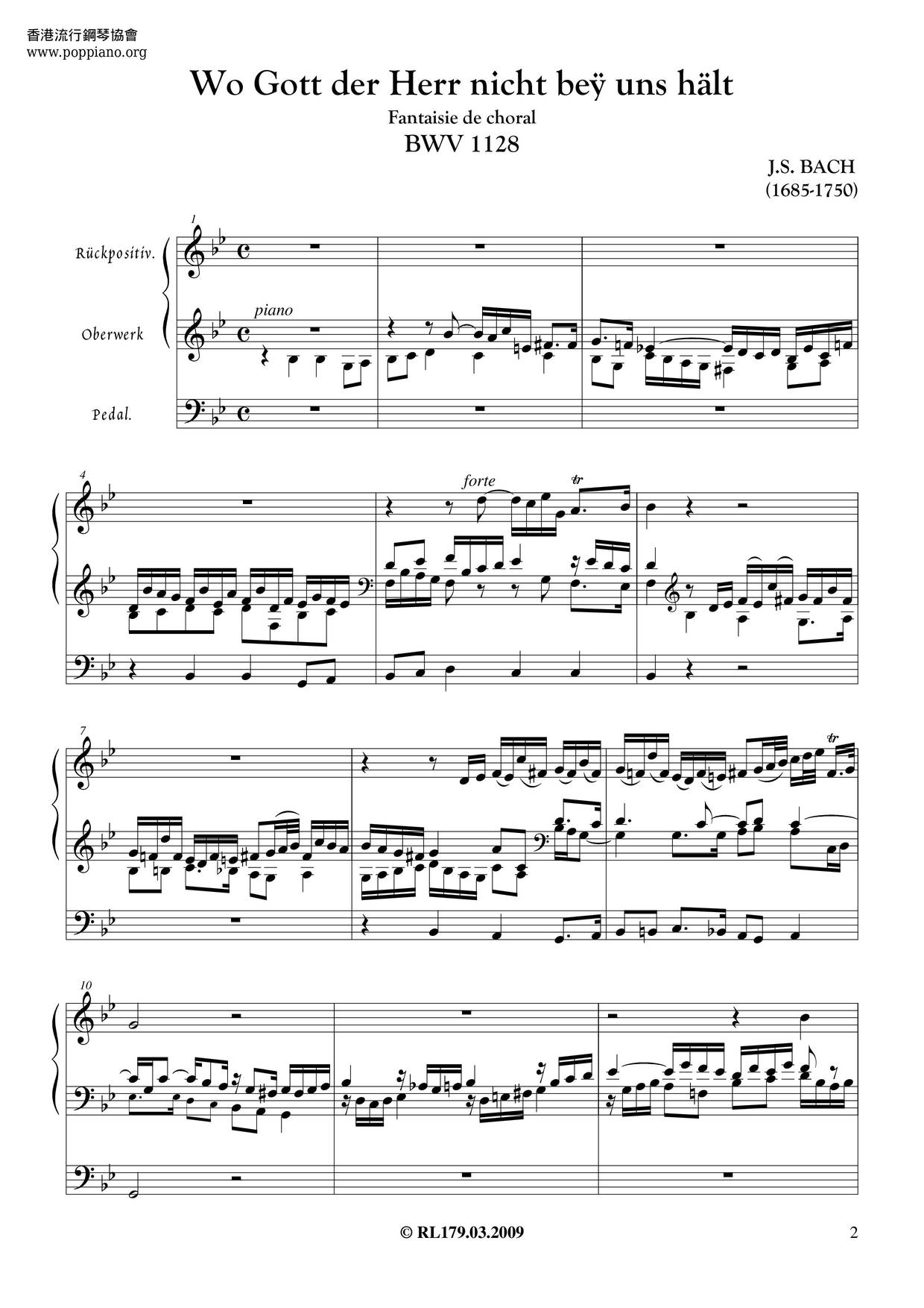 Fantasia On Wo Gott Der Herr Nicht Beÿ Uns Hält, BWV 1128ピアノ譜