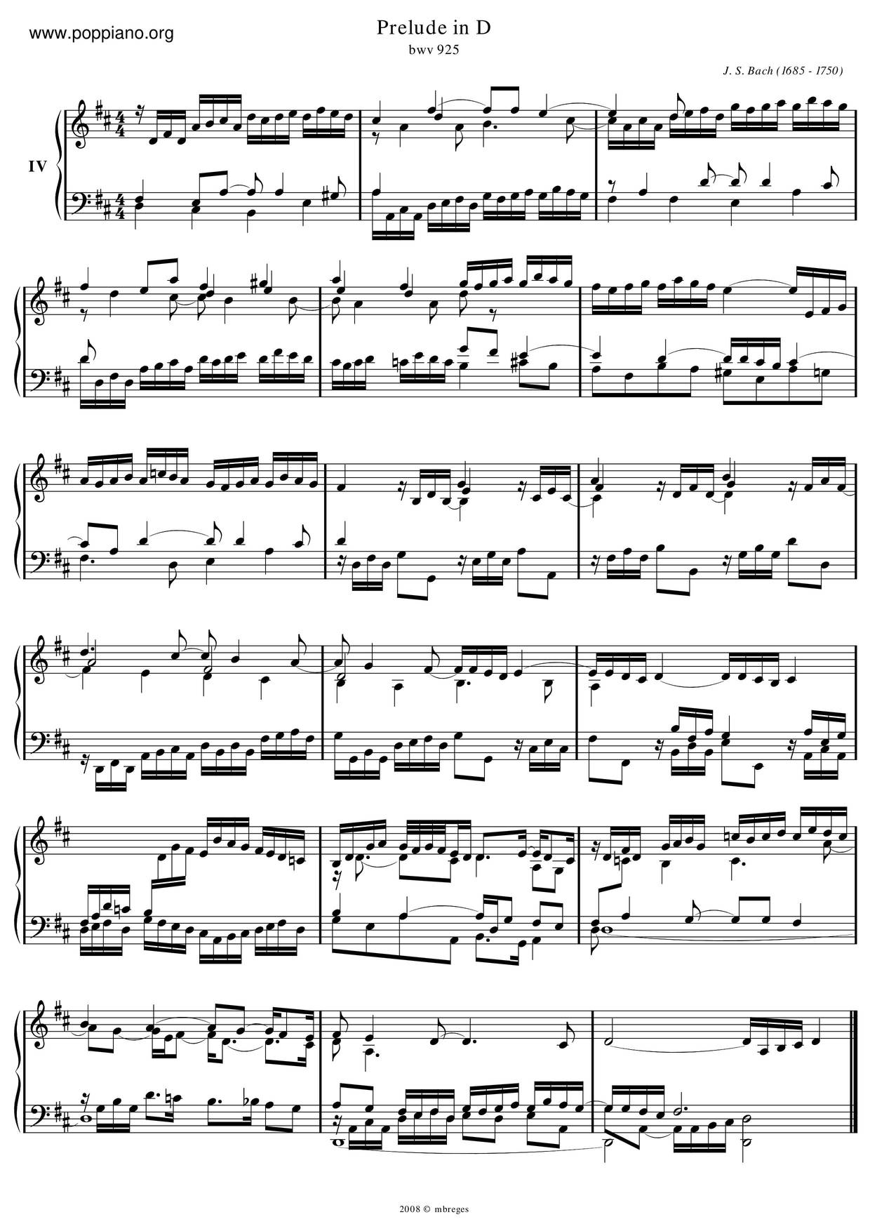 Prelude In D Major, BWV 925 Score