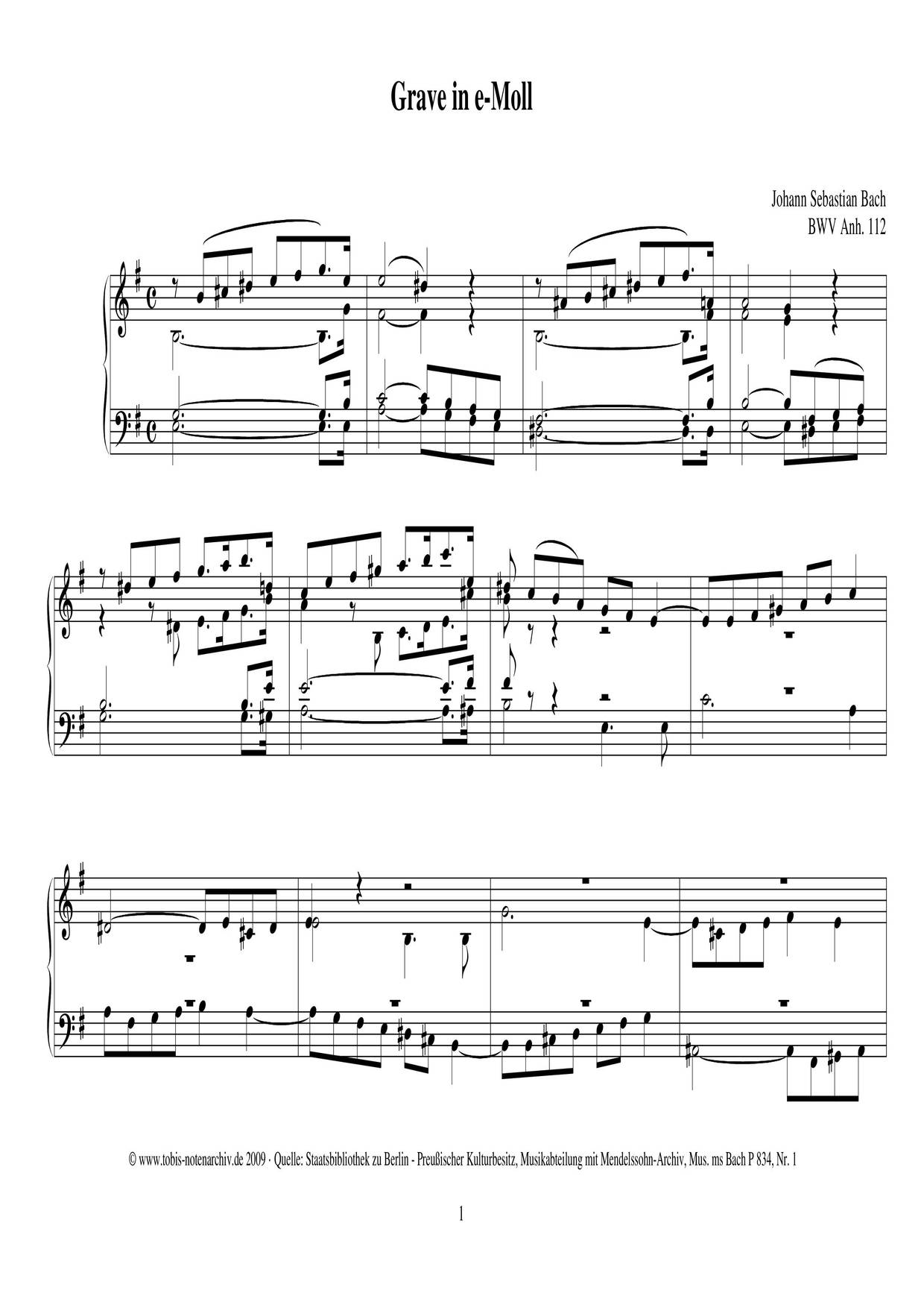 Prelude In E Minor, BWV Anh. 112 Score