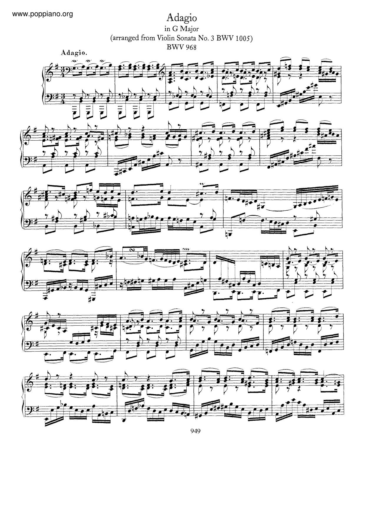 Adagio In G Major, BWV 968 Score