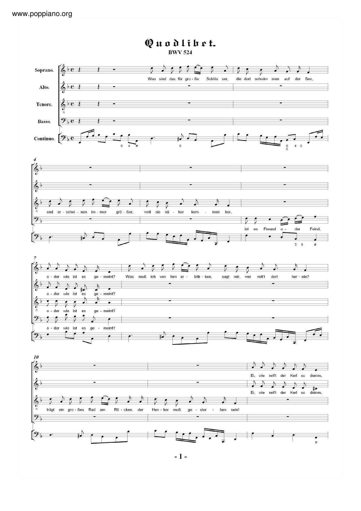 Quodlibet, BWV 524 Score