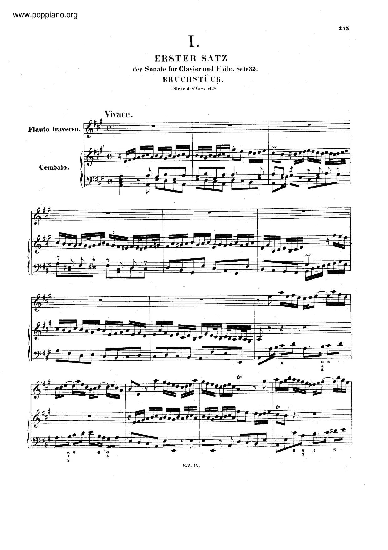 Flute Sonata In A Major, BWV 1032 Score