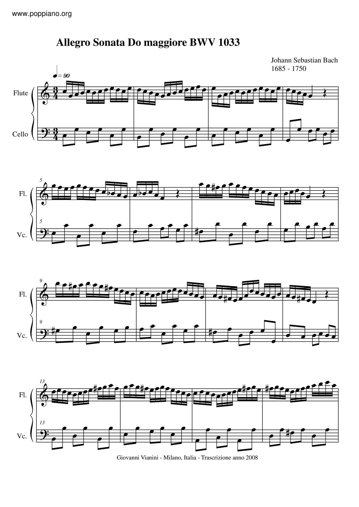 Flute Sonata In C Major, BWV 1033 Score