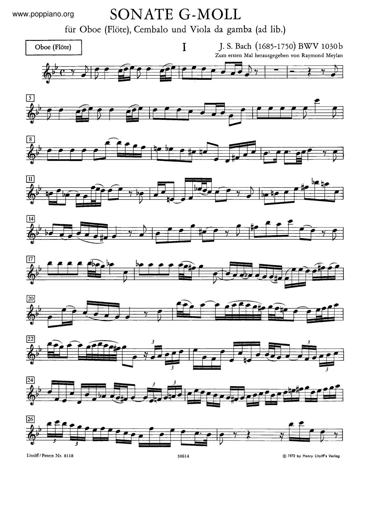 Oboe Sonata In G Minor, BWV 1030B琴谱