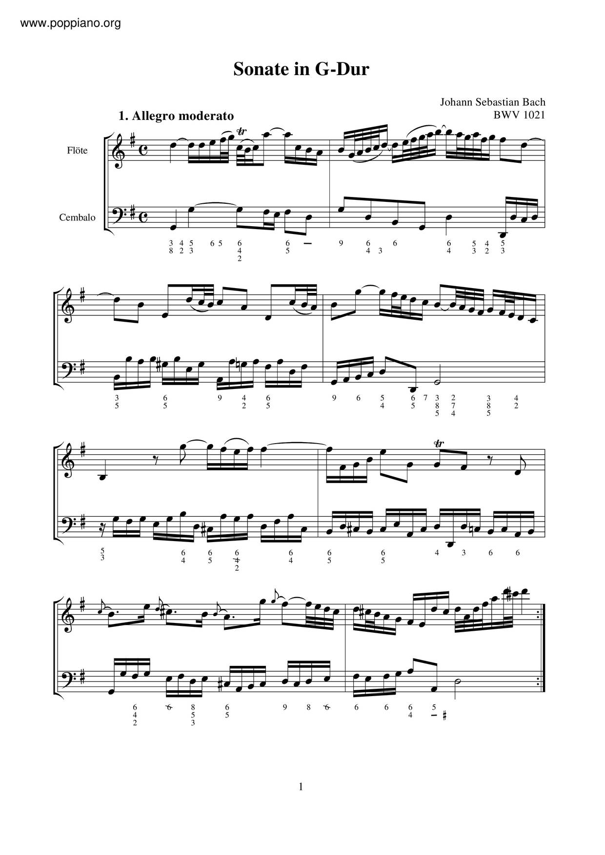 Violin Sonata In G Major, BWV 1021 Score