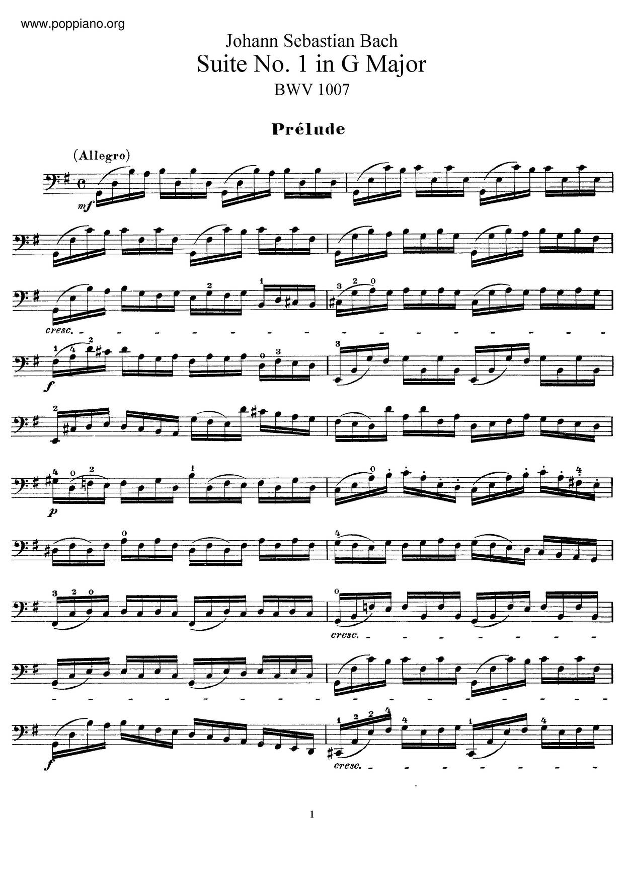 Unaccompanied Cello Suite No. 1 in G major, BWV 1007: I. Prélude琴譜