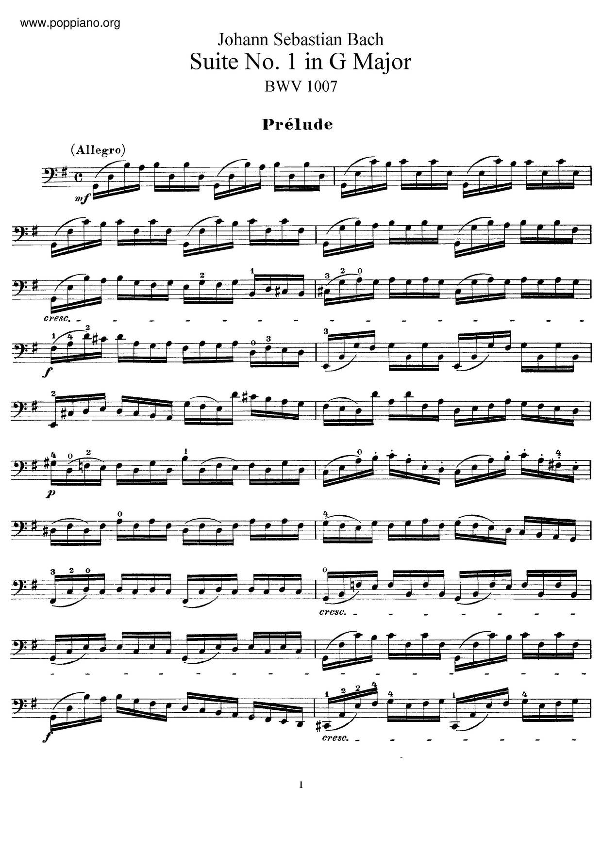 Unaccompanied Cello Suite No. 1 in G major, BWV 1007: I. Prélude Score