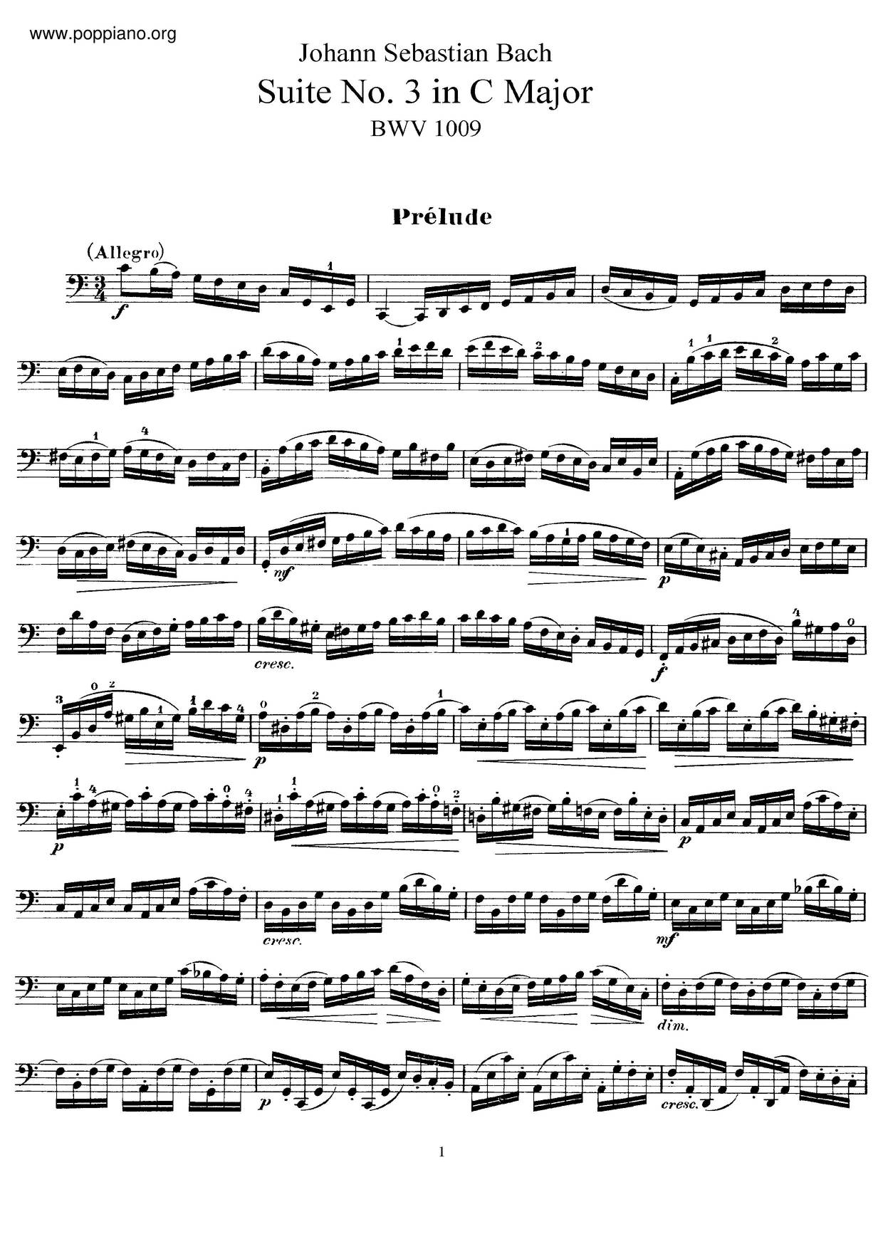 Cello Suite No. 3 In C Major, BWV 1009ピアノ譜