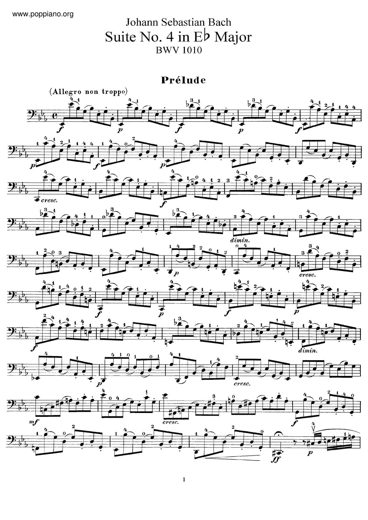Cello Suite No. 4 In E-Flat Major, BWV 1010ピアノ譜