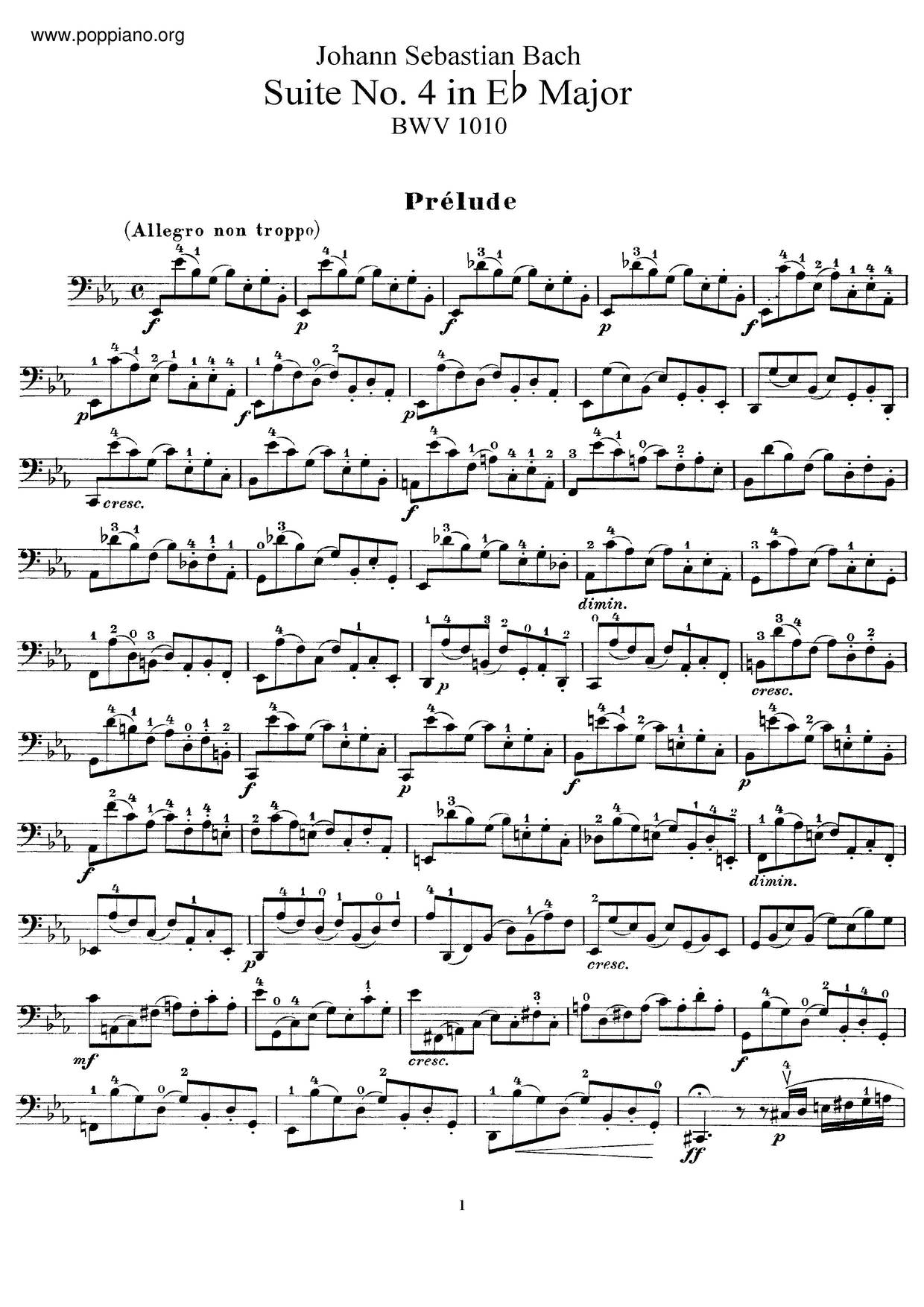 Cello Suite No. 4 In E-Flat Major, BWV 1010 Score