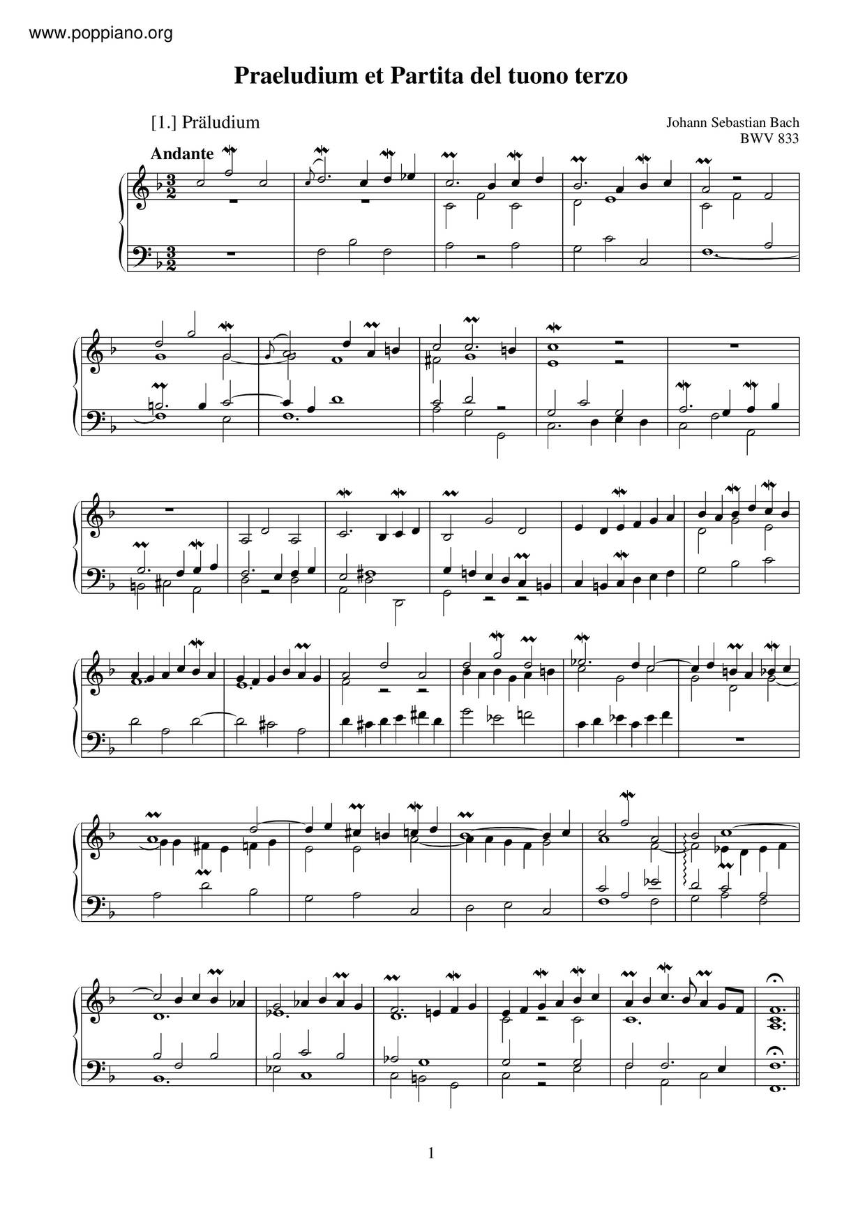 Praeludium Et Partita Dei Tuono Terzo, BWV 833ピアノ譜