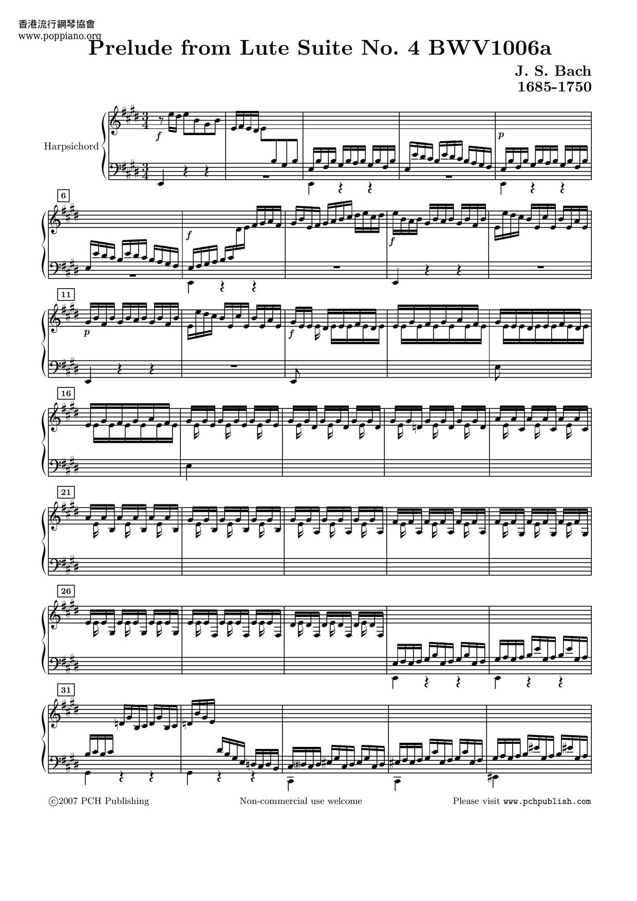 Suite In E Major, BWV 1006A琴谱
