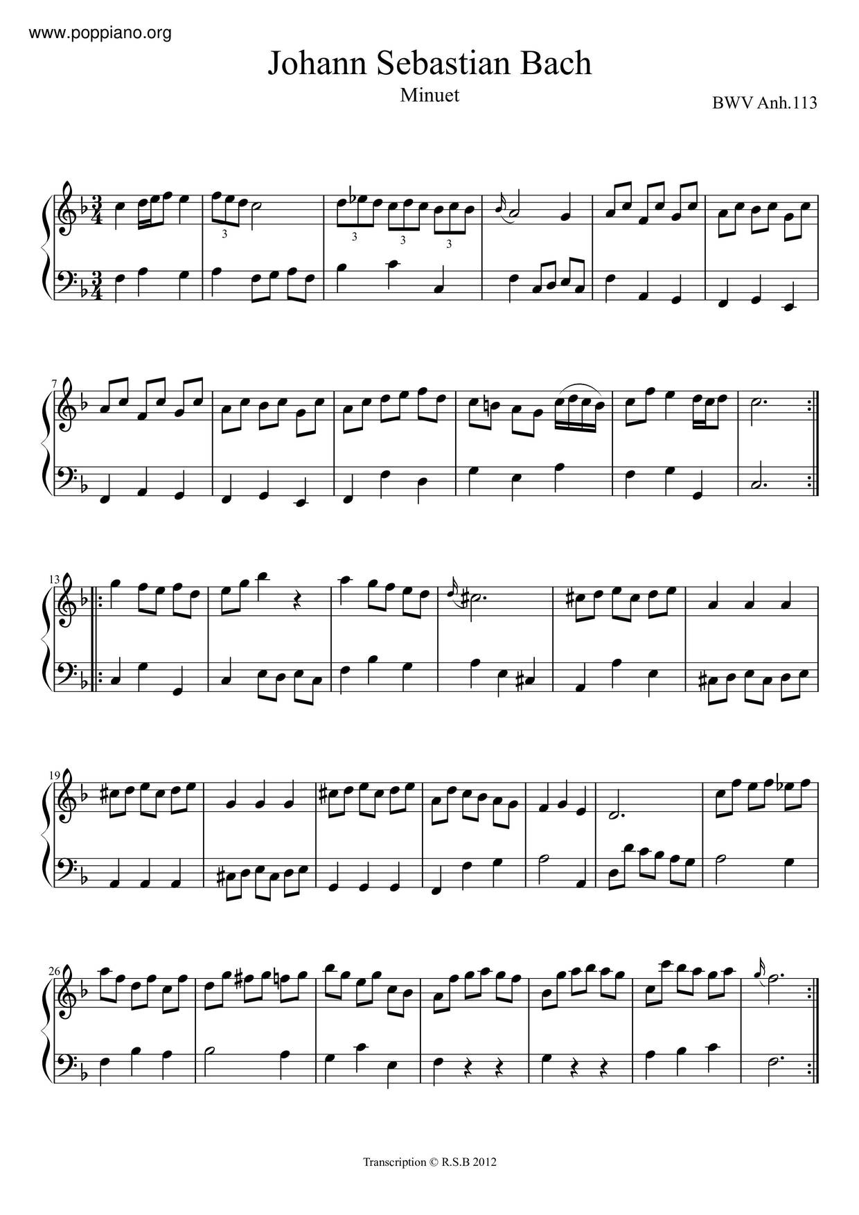 Minuet In F Major, BWV Anh. 113 Score