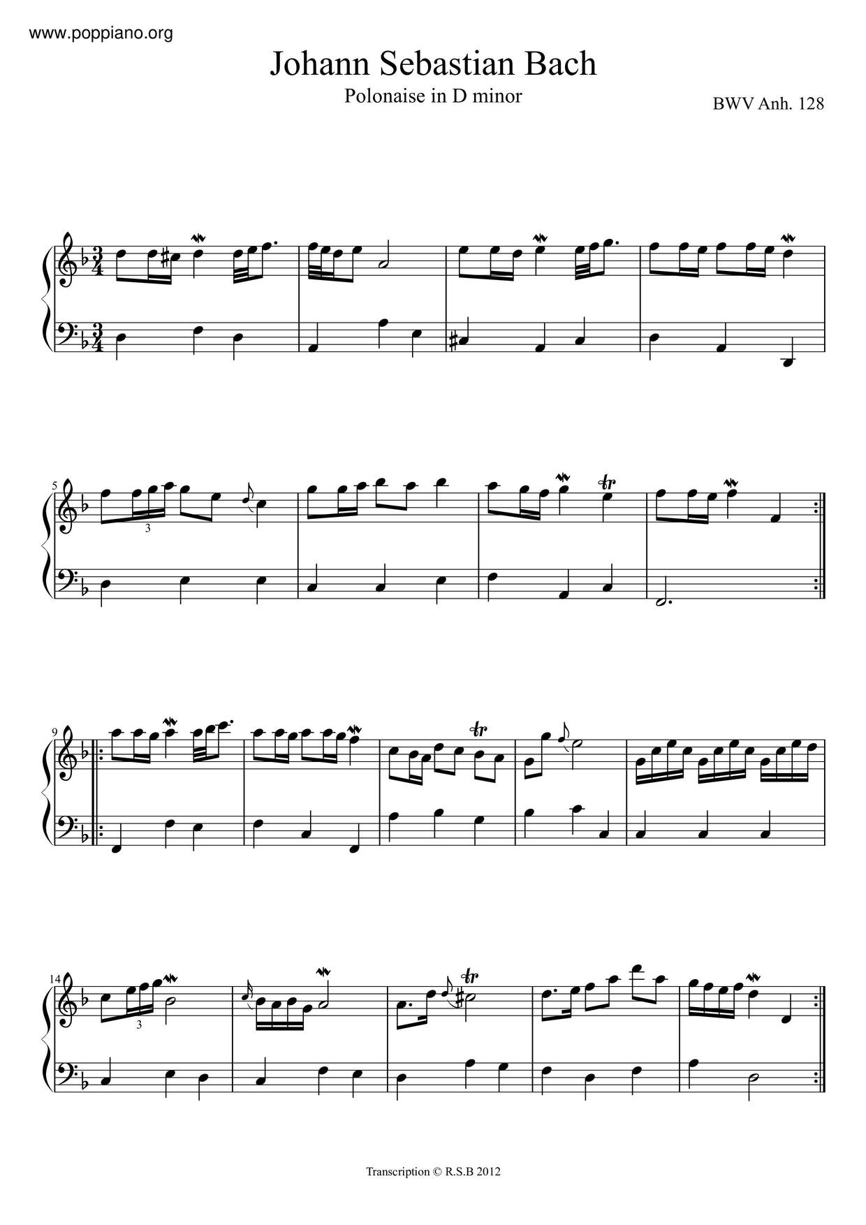 Polonaise In D Minor, BWV Anh. 128琴谱