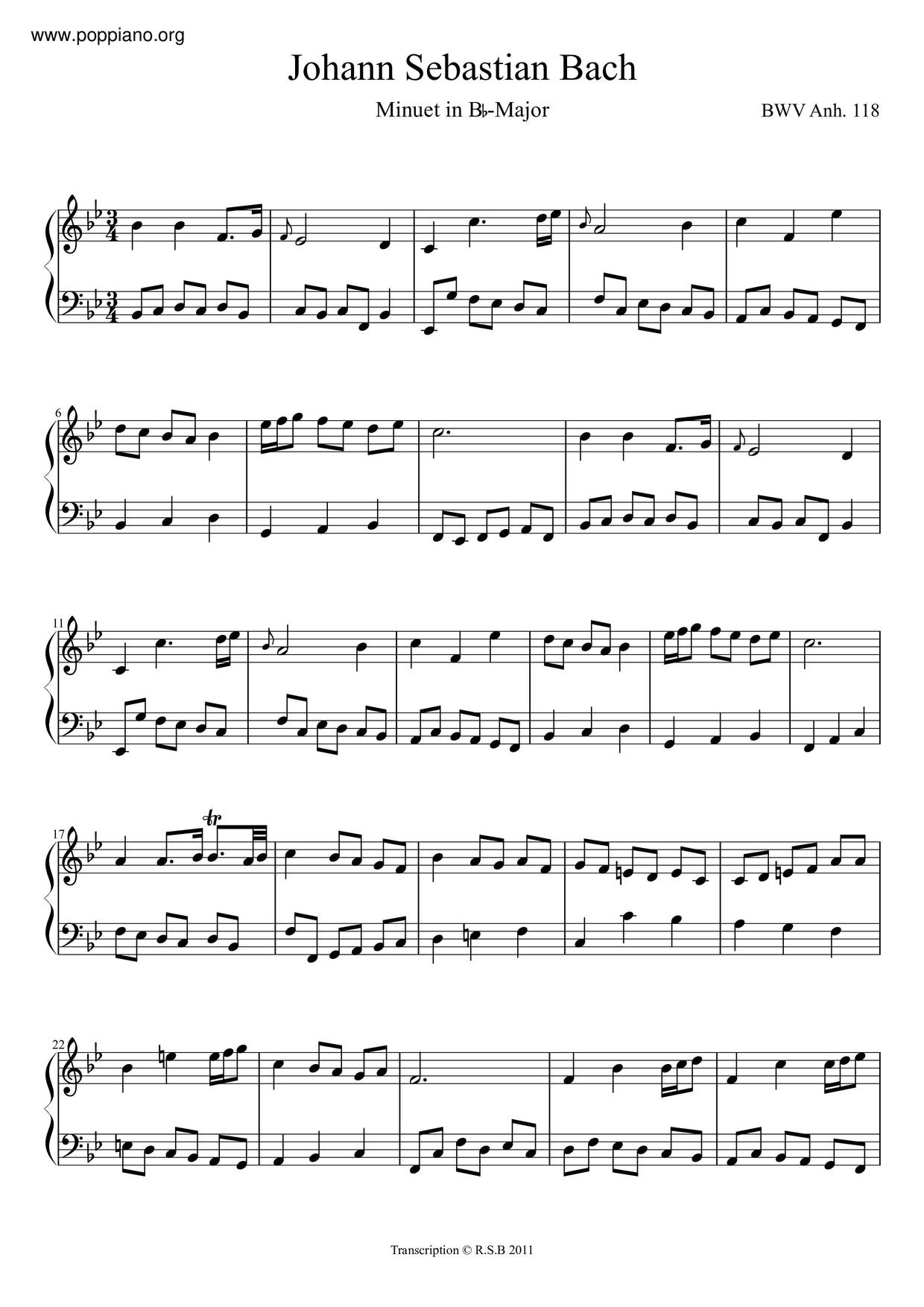 Minuet In B-Flat Major, BWV Anh. 118ピアノ譜