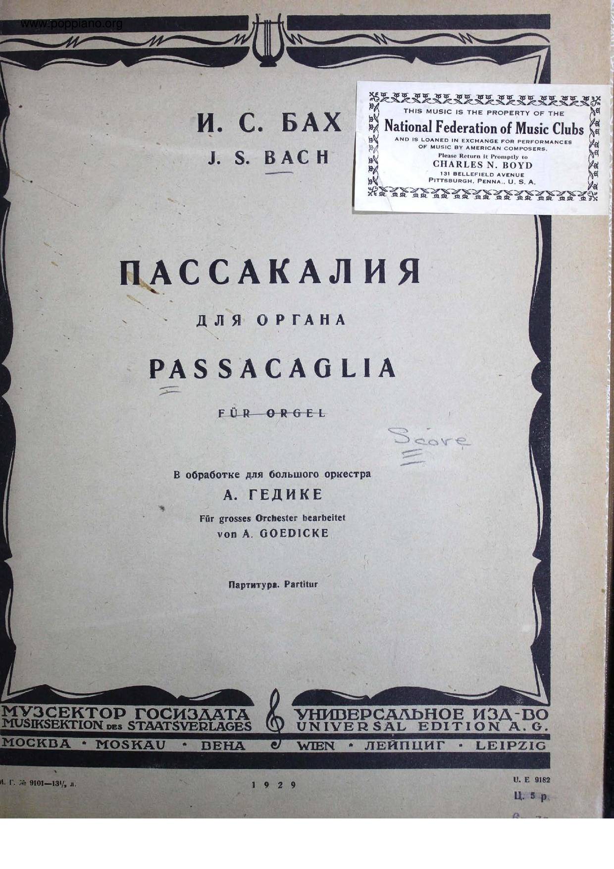 Passacaglia In C Minor, BWV 582 Score