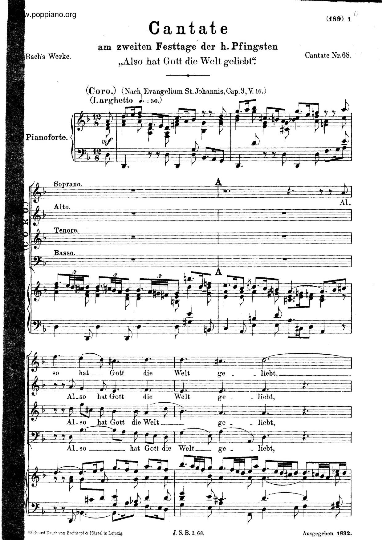 Also Hat Gott Die Welt Geliebt, BWV 68 Score
