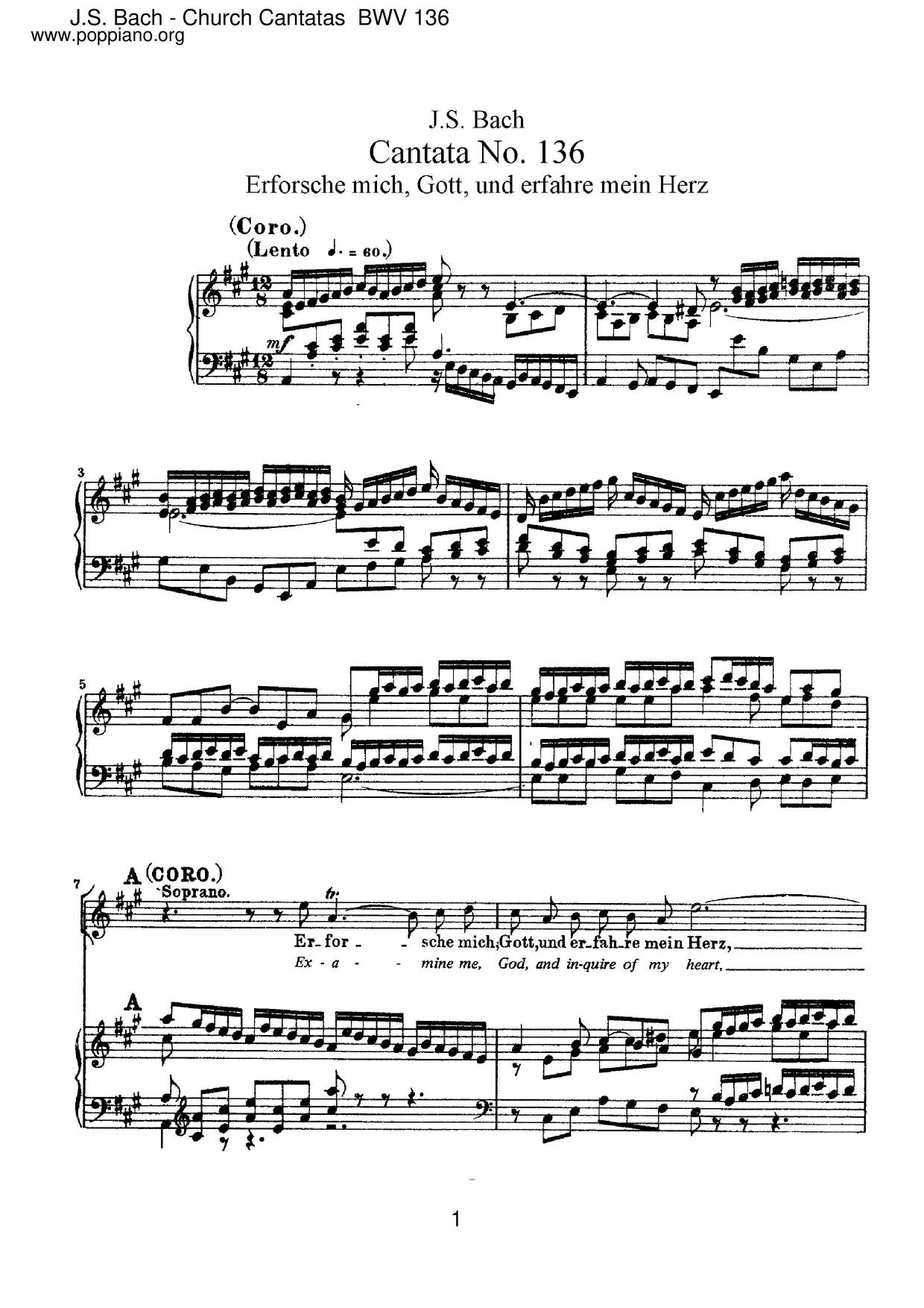 Erforsche Mich, Gott, Und Erfahre Mein Herz, BWV 136ピアノ譜