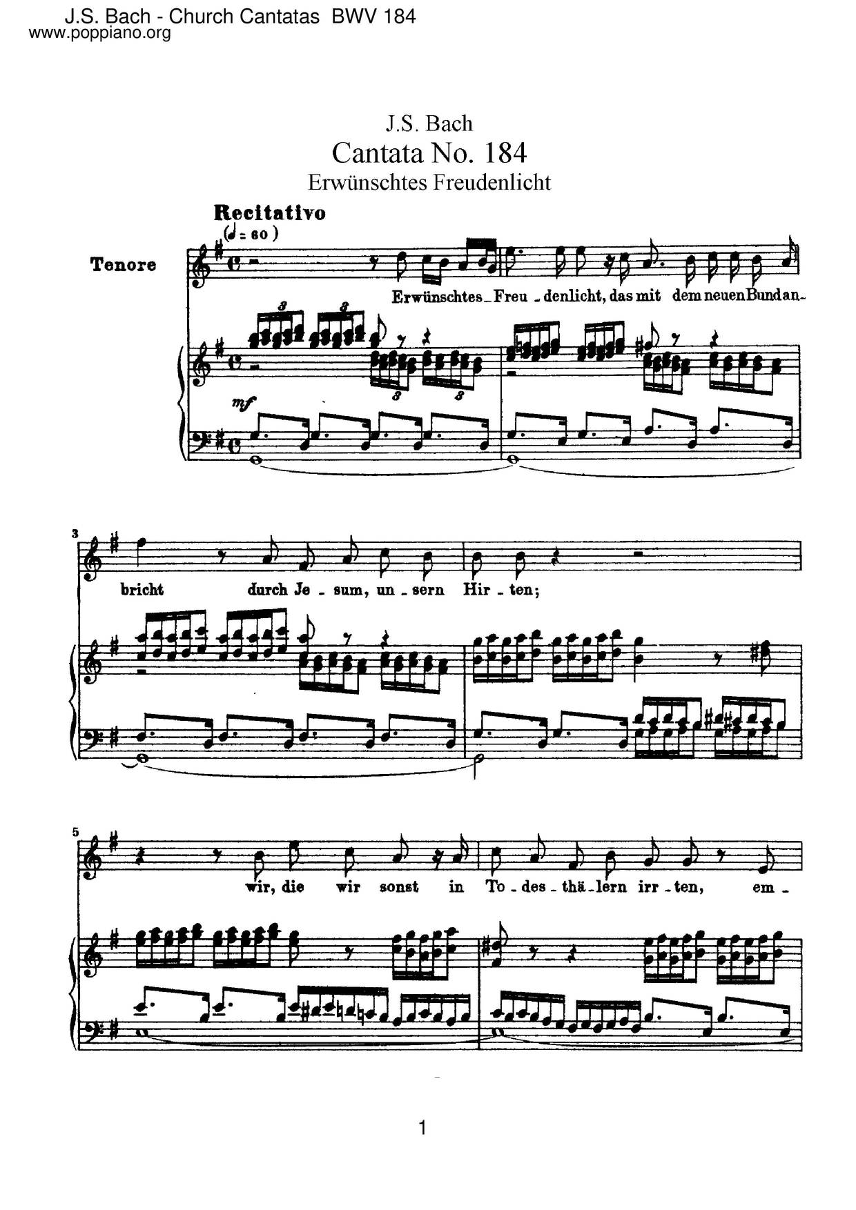 Erwünschtes Freudenlicht, BWV 184琴譜