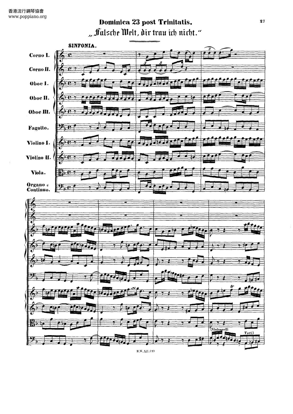 Falsche Welt, Dir Trau Ich Nicht, BWV 52ピアノ譜