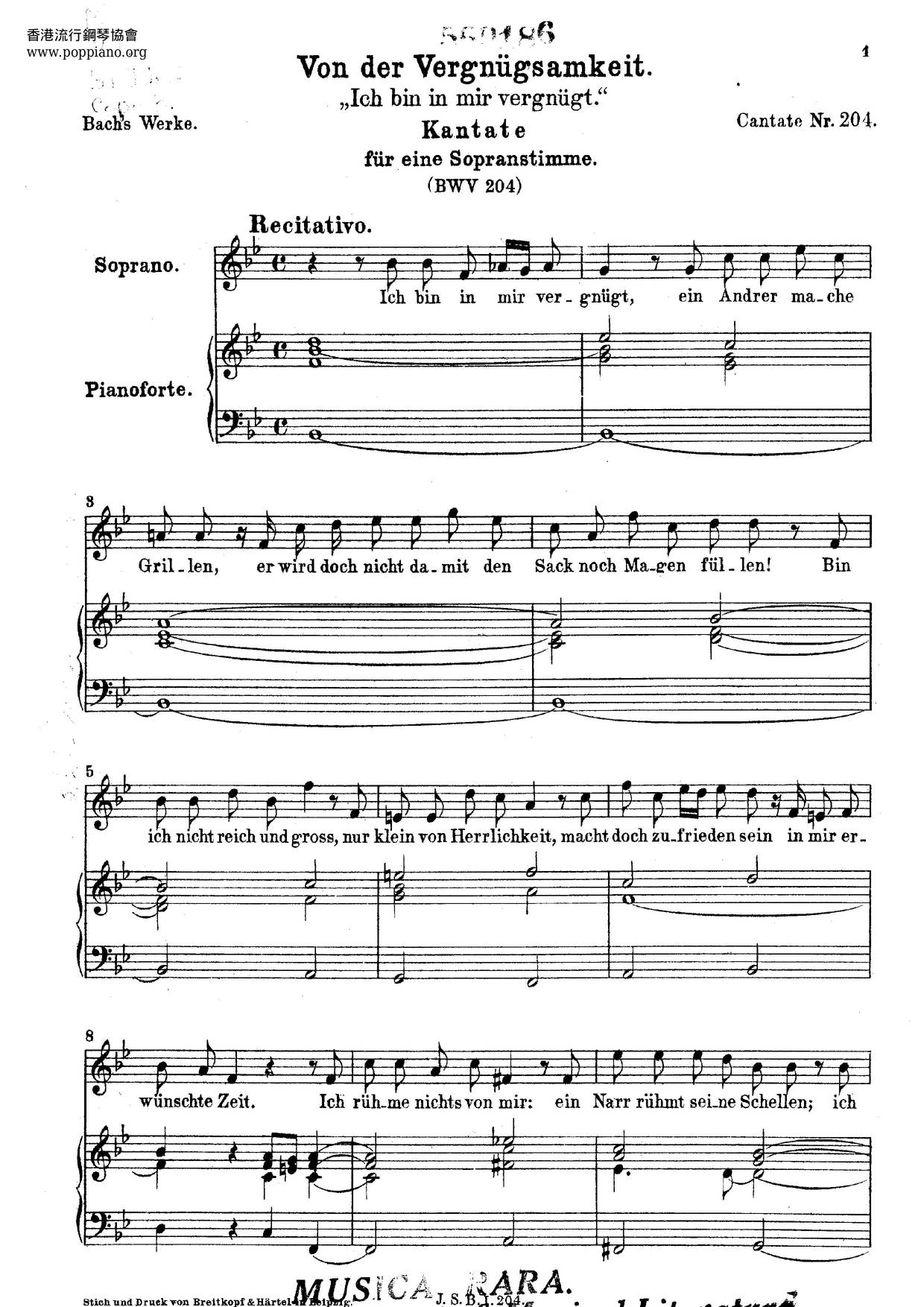 Ich Bin In Mir Vergnügt, BWV 204 Score