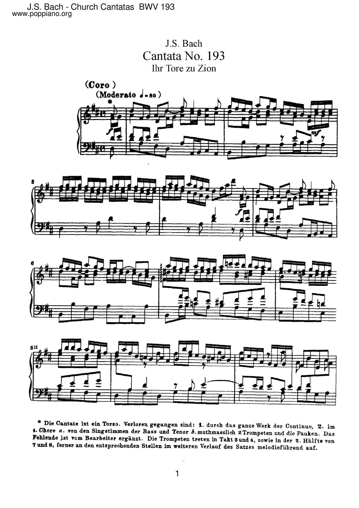 Ihr Tore Zu Zion, BWV 193ピアノ譜