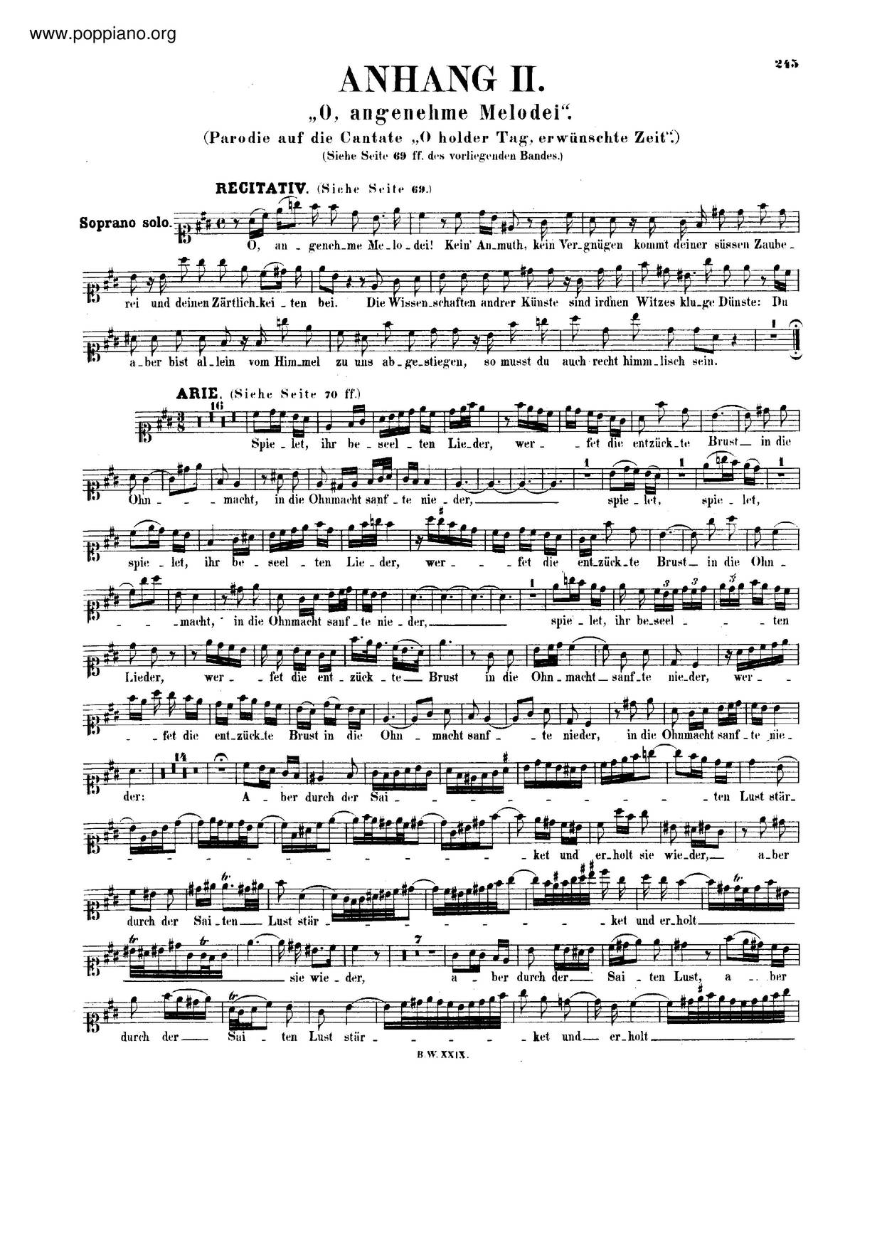 O Angenehme Melodei, BWV 210A Score
