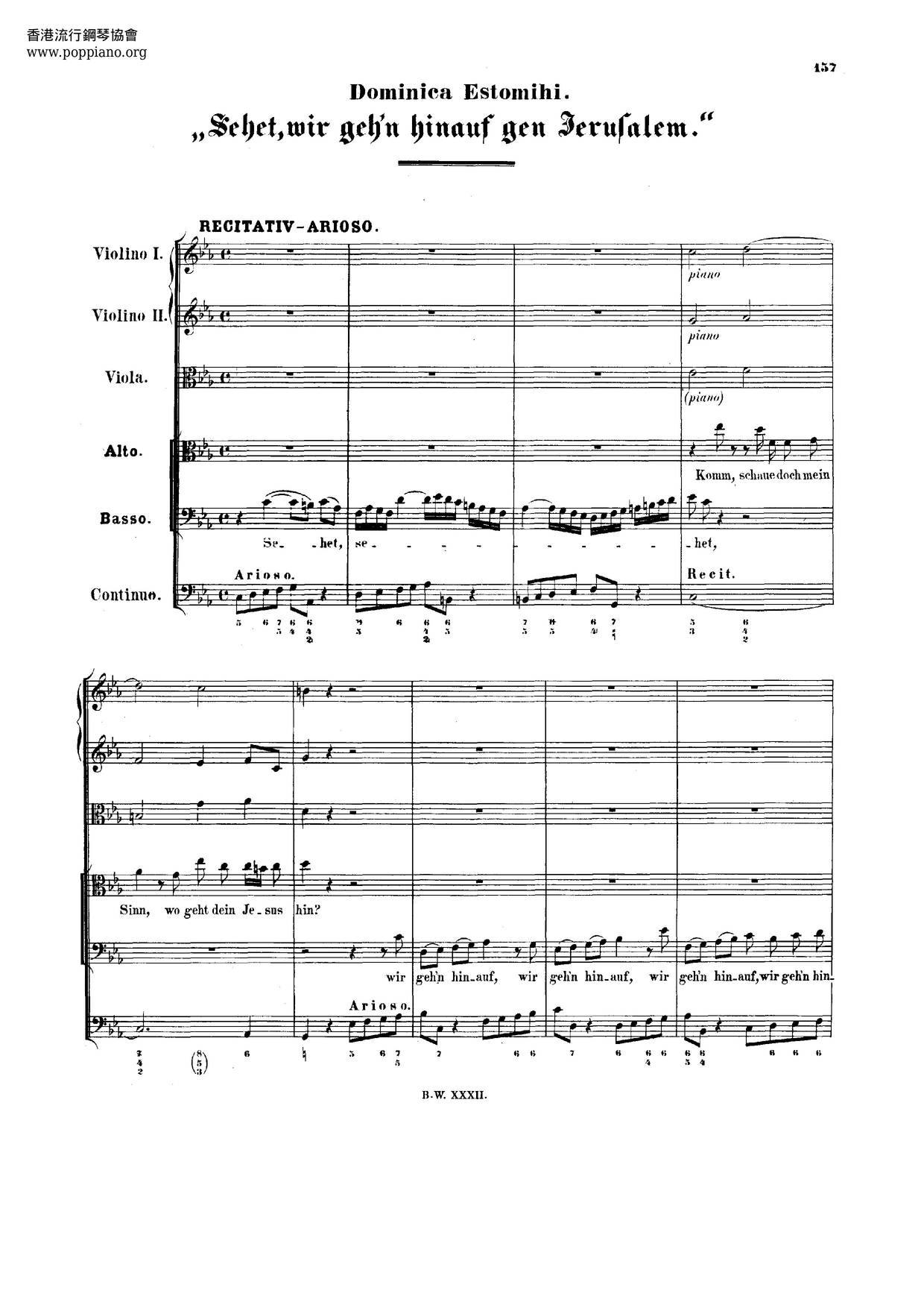 Sehet, Wir Geh'n Hinauf Gen Jerusalem, BWV 159ピアノ譜