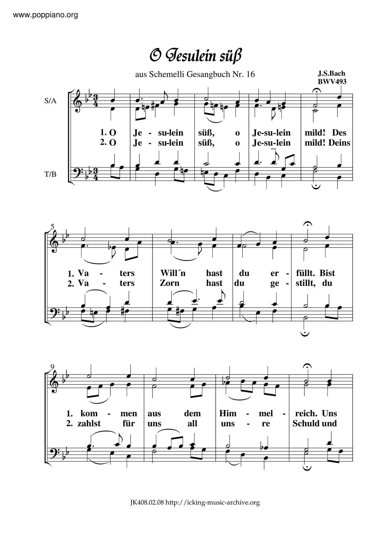 O Jesulein Süss, BWV 493 Score