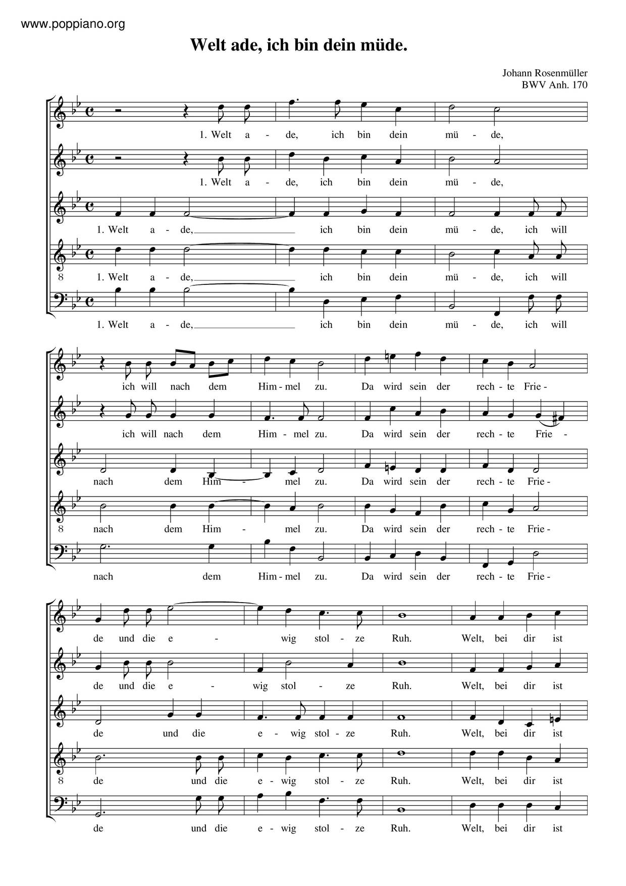 Welt Ade, Ich Bin Dein Müde, BWV Anh. 170琴譜