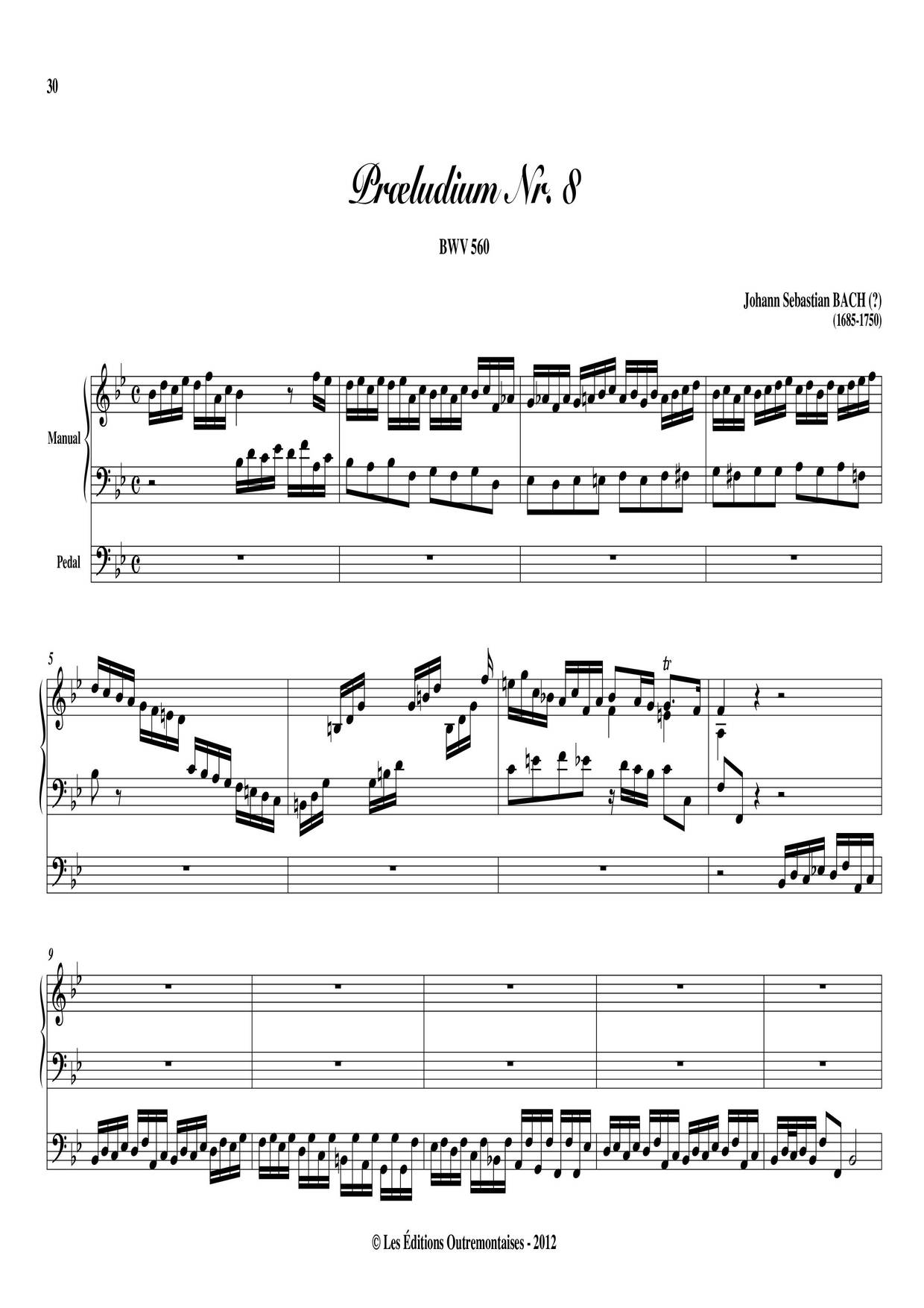 Prelude And Fugue In B-Flat Major, BWV 560琴譜