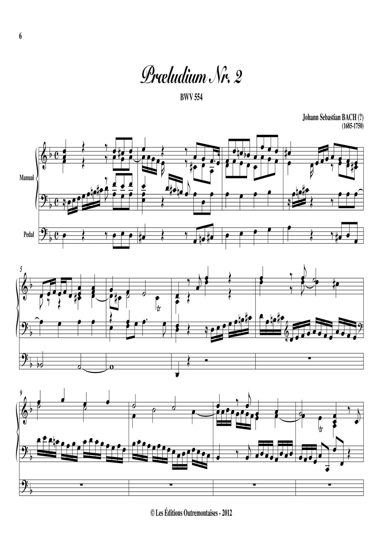 Prelude And Fugue In D Minor, BWV 554琴譜