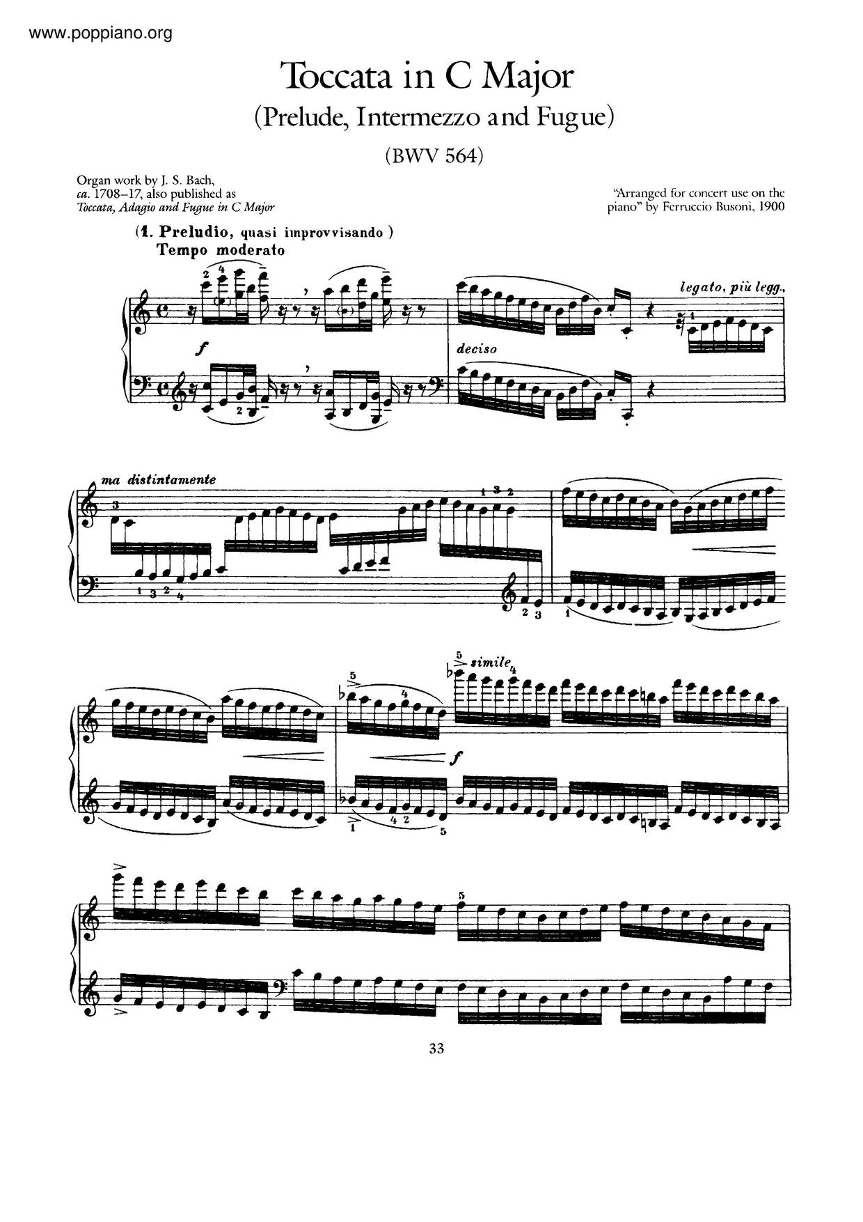 Toccata, Adagio And Fugue In C Major, BWV 564琴譜