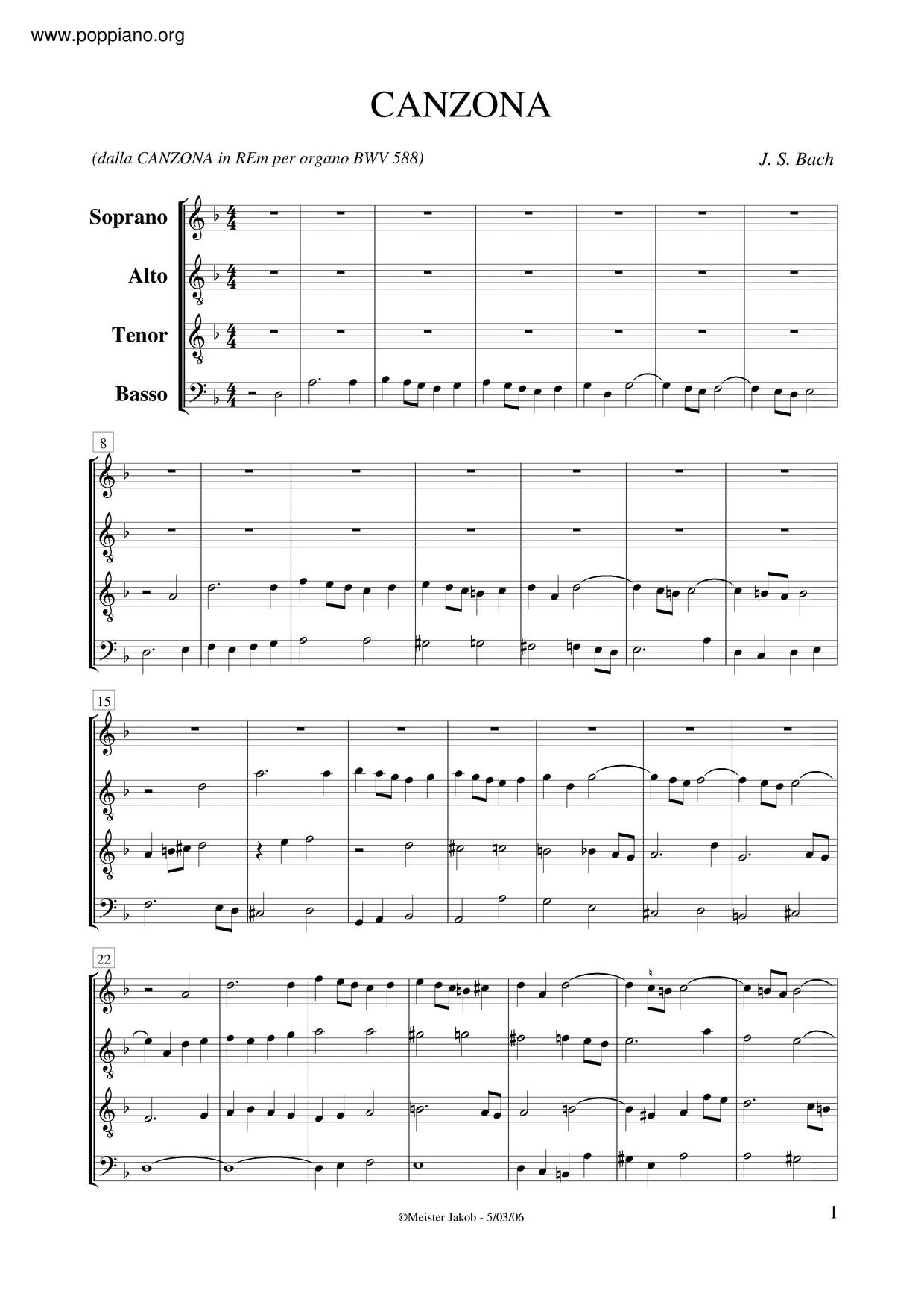 Canzona In D Minor, BWV 588 Score