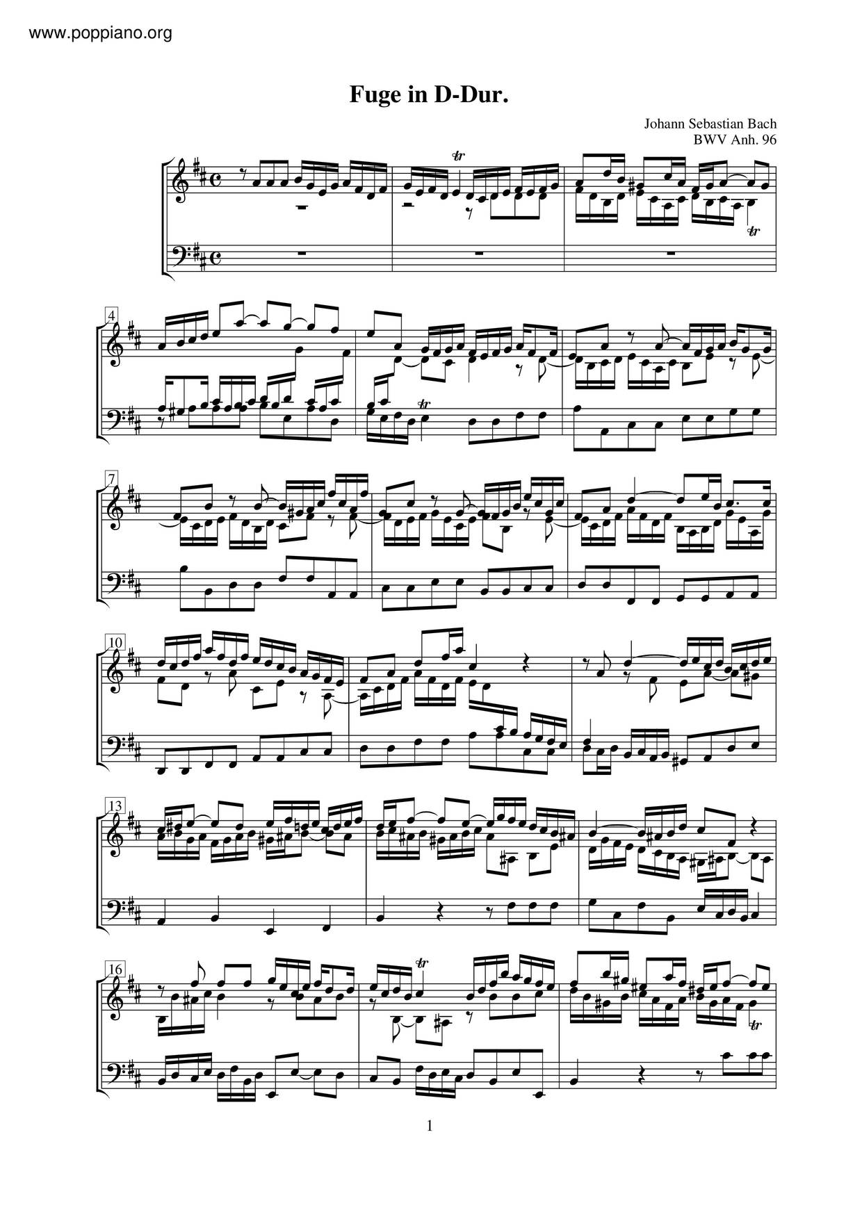 Fugue In D Major, BWV Anh. 96 Score