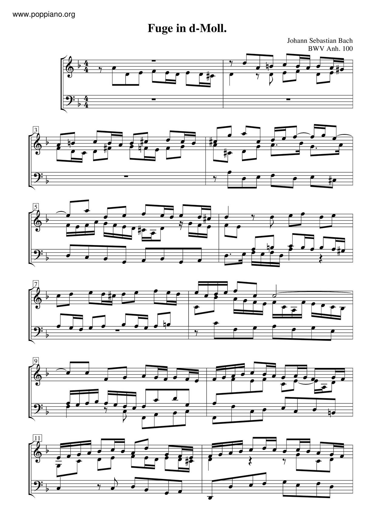 Fugue In D Minor, BWV Anh. 100ピアノ譜