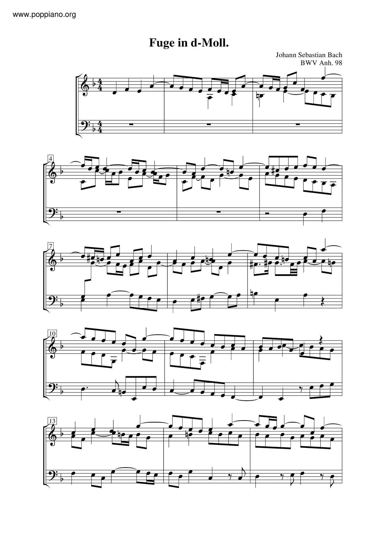 Fugue In D Minor, BWV Anh. 98 Score